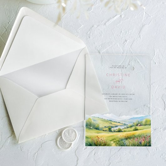 Wildflower veld en bergen rustieke bruiloft acryl uitnodigingen