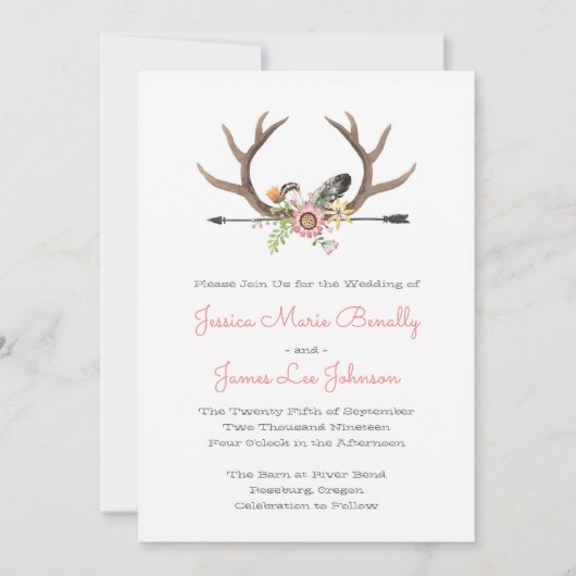 Wildflower veren en pijl bruiloft kaart (Voorkant)