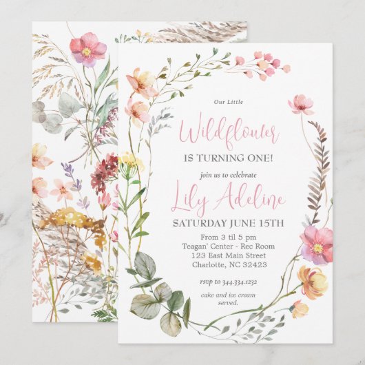 Wildflower Verjaardag uitnodiging, Kleine Wildbloe Kaart (Voorkant / Achterkant)