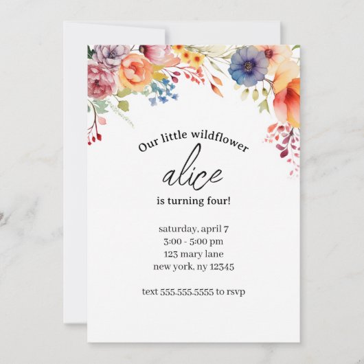 Wildflower Verjaardagsfeestje bewerkbare Sjabloon Kaart (Voorkant)