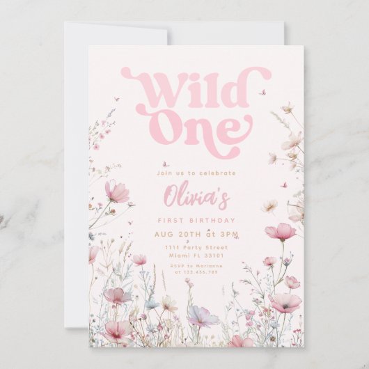 Wildflower verjaardagsuitnodiging | Pink Wild One Kaart (Voorkant)