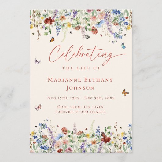 Wildflower Viering van het leven Orde van Service Programmakaart (Voorkant)