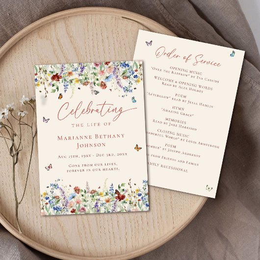 Wildflower Viering van het leven Orde van Service Programmakaart