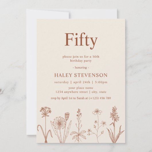 Wildflower Vijftig Beige Terracotta 50ste verjaard Kaart (Voorkant)