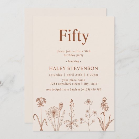 Wildflower Vijftig Beige Terracotta 50ste verjaard Kaart (Voorkant / Achterkant)