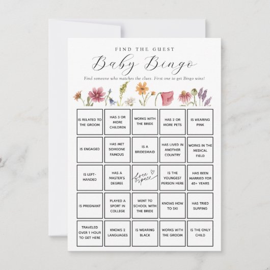 Wildflower Vind de Gast Baby Bingo Game Kaart (Voorkant)