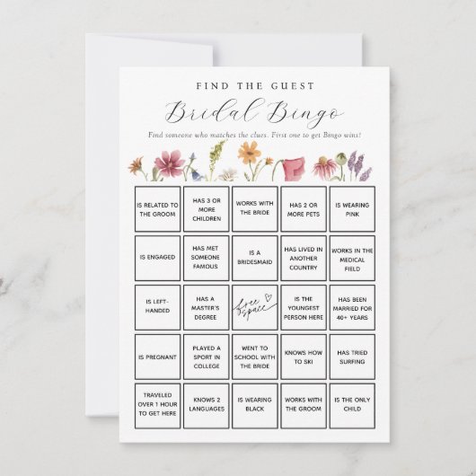 Wildflower Vind de Gast Bridal Bingo Game Kaart (Voorkant)