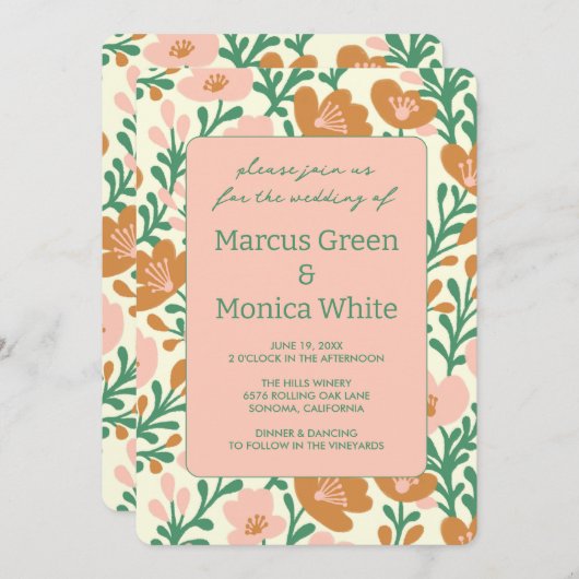 Wildflower Vines Roze Groen Custom QR Code BRUILOF Kaart (Voorkant / Achterkant)