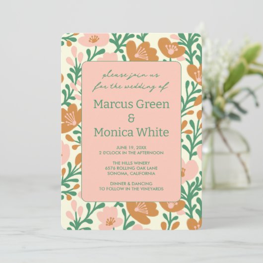 Wildflower Vines Roze Groen Custom QR Code BRUILOF Kaart (Staand voorkant)