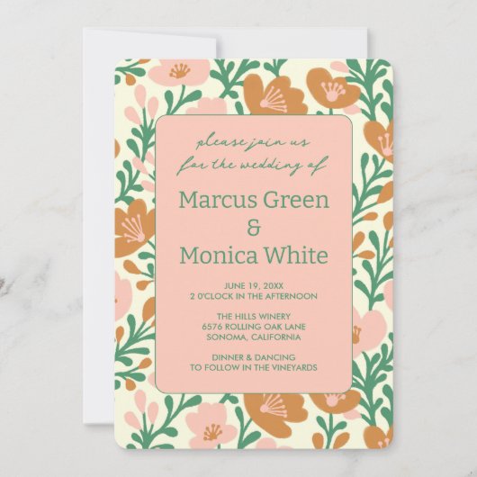 Wildflower Vines Roze Groen Custom QR Code BRUILOF Kaart (Voorkant)