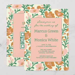 Wildflower Vines Roze Groen Custom QR Code BRUILOF Kaart