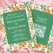 Wildflower Vines Roze Groen Custom QR Code BRUILOF Kaart