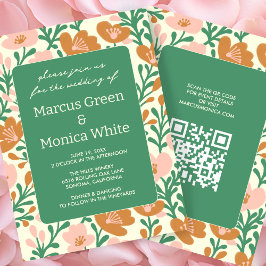 Wildflower Vines Roze Groen Custom QR Code BRUILOF Kaart