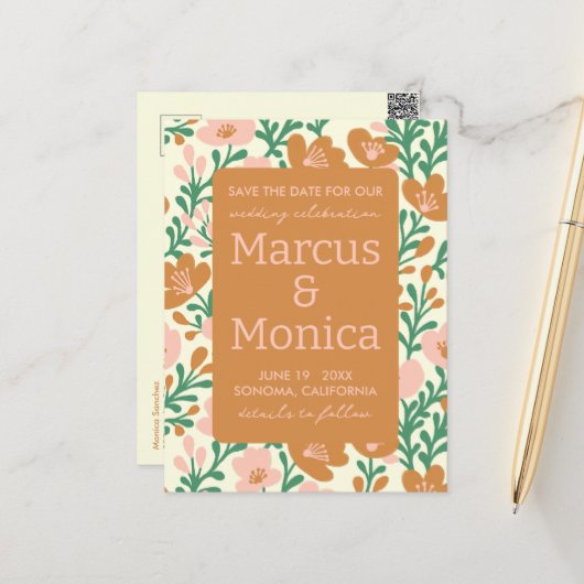 Wildflower Vines Roze Groen Custom Save the Date Briefkaart (Voorkant / Achterkant in situ)