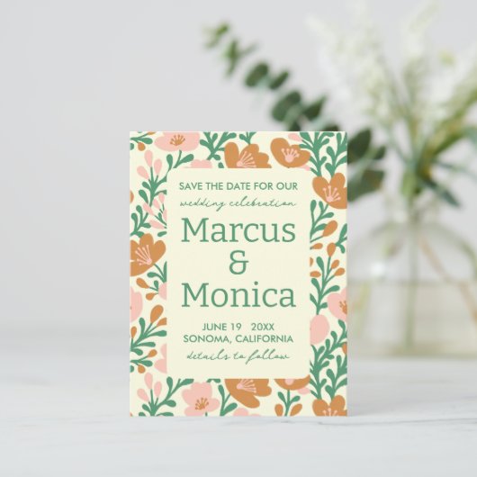 Wildflower Vines Roze Groen Custom Save the Date Briefkaart (Staand voorkant)