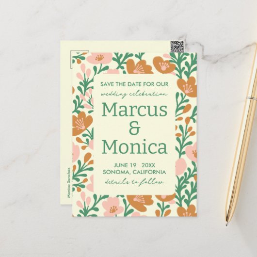 Wildflower Vines Roze Groen Custom Save the Date Briefkaart (Voorkant / Achterkant in situ)