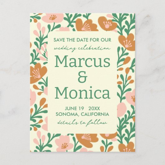 Wildflower Vines Roze Groen Custom Save the Date Briefkaart (Voorkant)