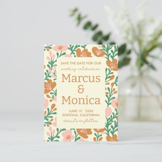 Wildflower Vines Roze Groen Custom Save the Date Briefkaart (Staand voorkant)