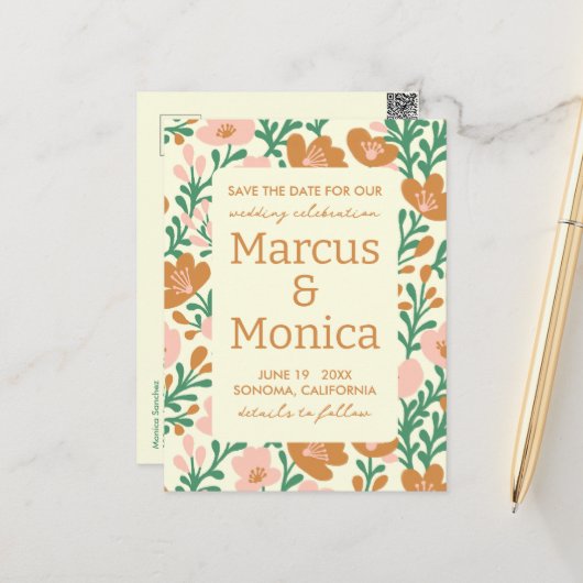 Wildflower Vines Roze Groen Custom Save the Date Briefkaart (Voorkant / Achterkant in situ)