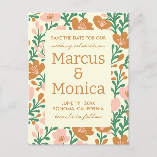 Wildflower Vines Roze Groen Custom Save the Date Briefkaart (Voorkant)