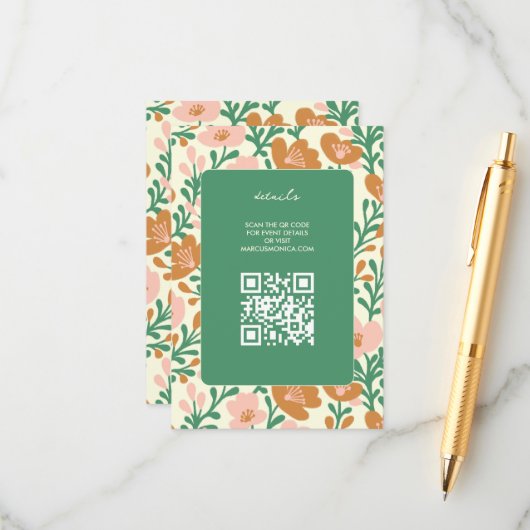 Wildflower Vines Roze Groen Custom WEDDING Informatiekaartje (Voorkant / Achterkant in situ)