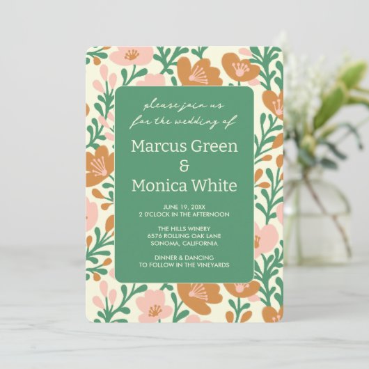 Wildflower Vines Roze Groen Custom WEDDING Kaart (Staand voorkant)
