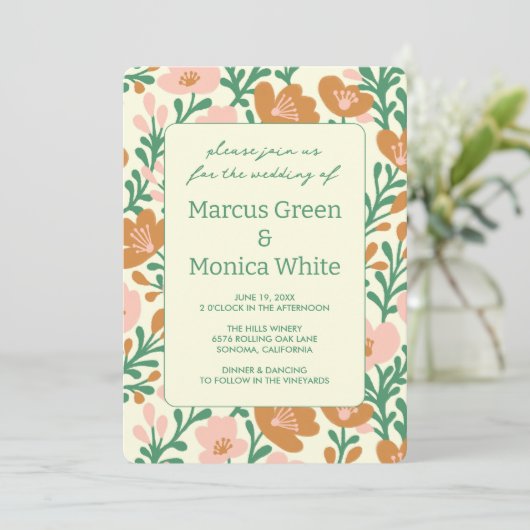 Wildflower Vines Roze Groen Custom WEDDING Kaart (Staand voorkant)