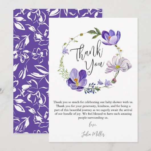 Wildflower Violet Baby shower Bedankkaart (Voorkant / Achterkant)
