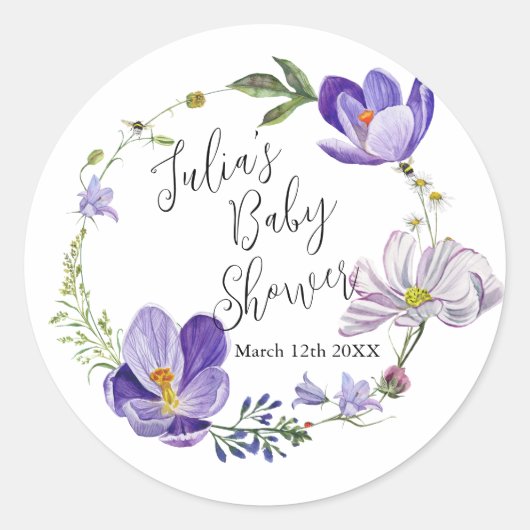 Wildflower Violet Baby shower Ronde Sticker (Voorkant)