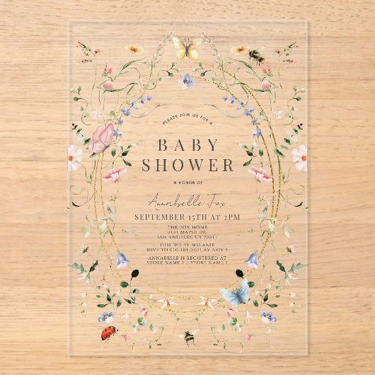 Wildflower vlinder bij Waterverf Baby shower Acryl Uitnodigingen (Voorkant)