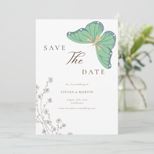 Wildflower & vlinder bruiloft Bewaar de datum Kaart (Staand voorkant)