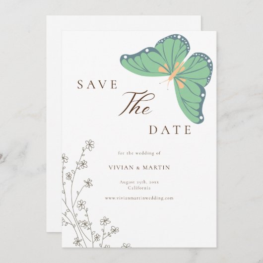 Wildflower & vlinder bruiloft Bewaar de datum Kaart (Voorkant / Achterkant)