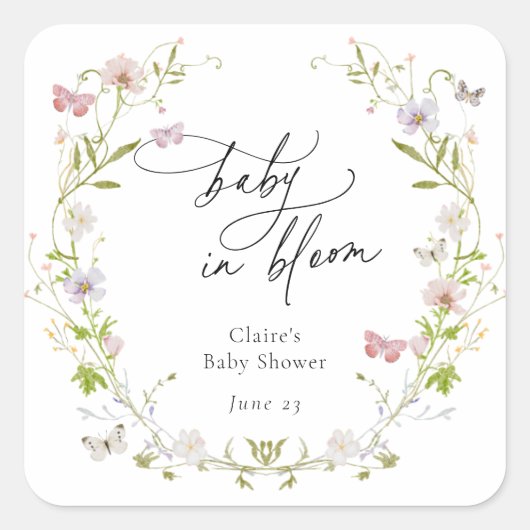 Wildflower vlinder krans Baby in Bloom Vierkante Sticker (Voorkant)