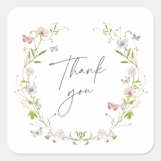 Wildflower vlinder krans dank u vierkante sticker (Voorkant)