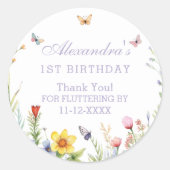 Wildflower vlinder meisje 1e verjaardag dank u ronde sticker (Voorkant)