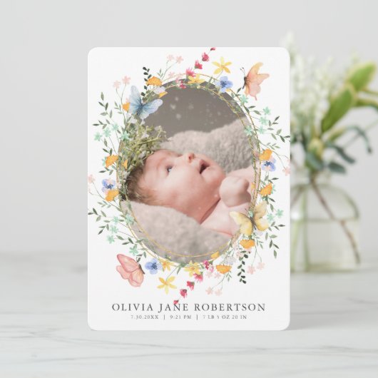 Wildflower vlinder meisje foto geboorte aankondigi kaart (Staand voorkant)