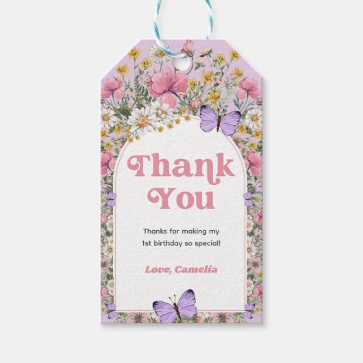 Wildflower vlinder verjaardag dank u cadeaulabel (Voorkant)