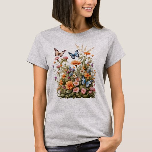 Wildflower Vlinders Bloemtuin Waterverf T-shirt (Voorkant)