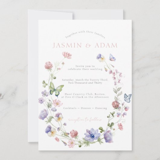 Wildflower Vlinders Roze Bruiloft Uitnodiging (Voorkant)