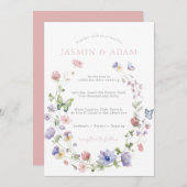 Wildflower Vlinders Roze Bruiloft Uitnodiging (Voorkant / Achterkant)