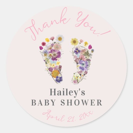 Wildflower Voetafdrukken Roze Baby shower Dank u Ronde Sticker (Voorkant)