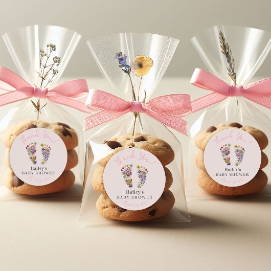 Wildflower Voetafdrukken Roze Baby shower Dank u Ronde Sticker