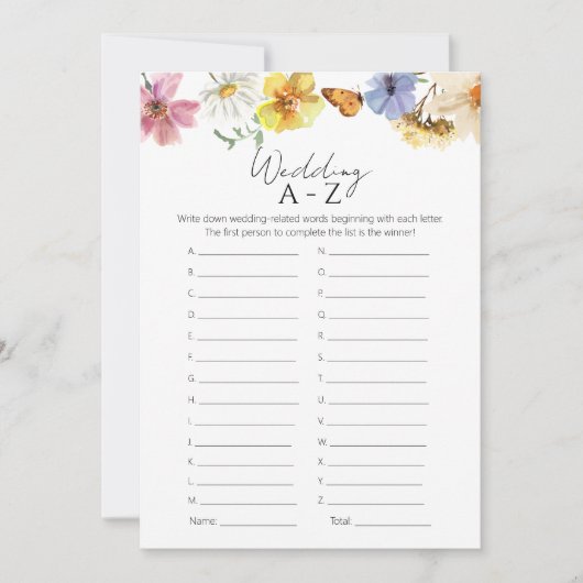Wildflower Vrijgezellenfeest Bruiloft A-Z Spel Kaa Kaart (Voorkant)