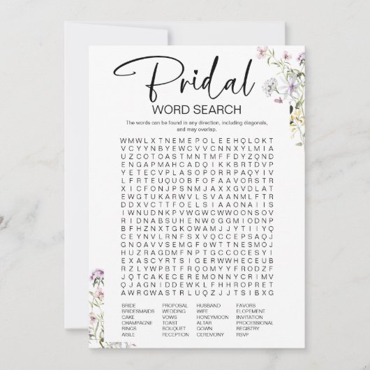 Wildflower Vrijgezellenfeest woord zoeken spel Kaart (Voorkant)