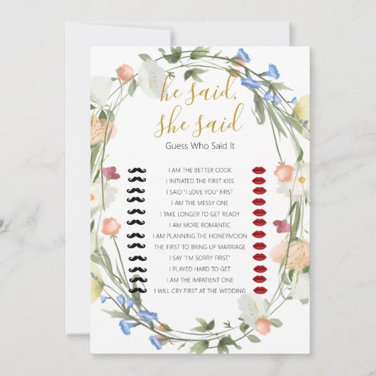 Wildflower Vrijgezellenfeest zei hij, ze zei Game Kaart (Voorkant)