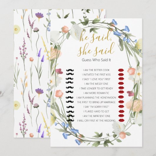 Wildflower Vrijgezellenfeest zei hij, ze zei Game Kaart (Voorkant / Achterkant)