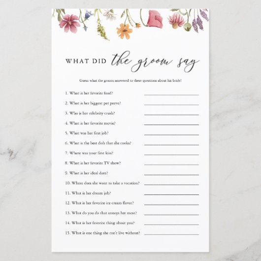 Wildflower Wat zei de bruidegom Bruids spel (Voorkant)