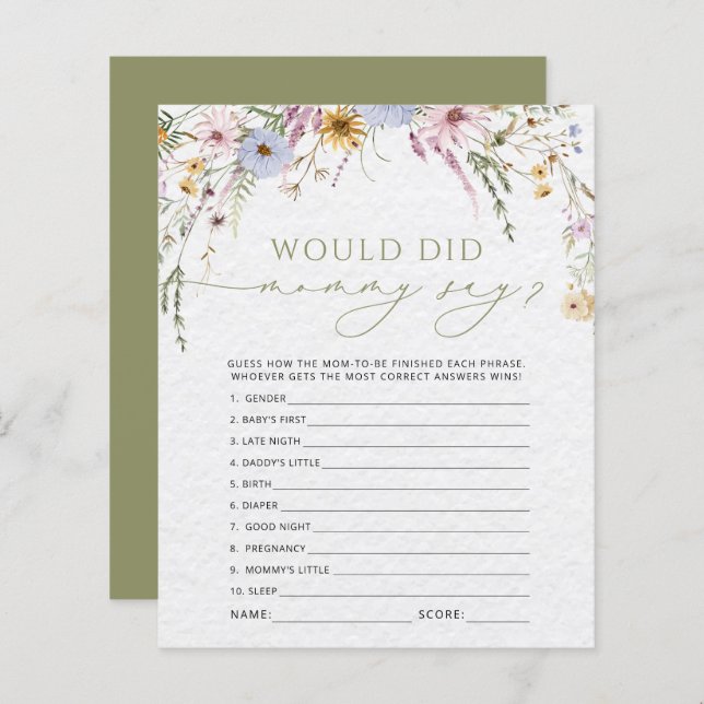 Wildflower Wat zei mama Baby shower spel (Voorkant / Achterkant)