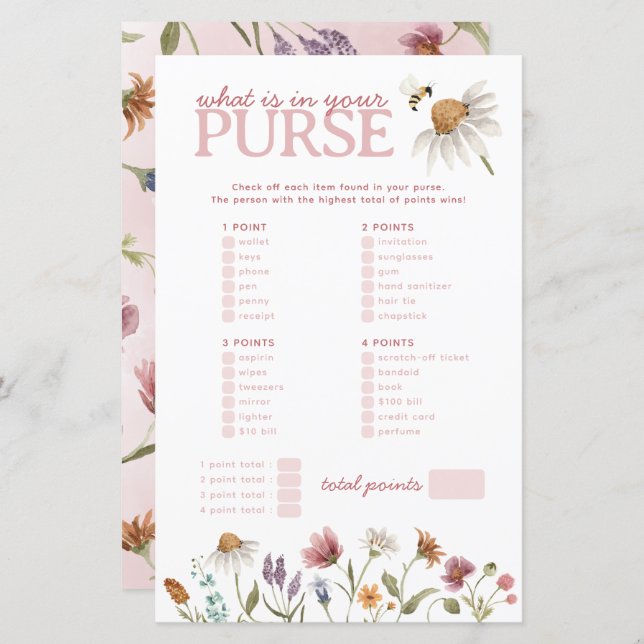 Wildflower Wat zit er in je tas Baby shower spel (Voorkant / Achterkant)