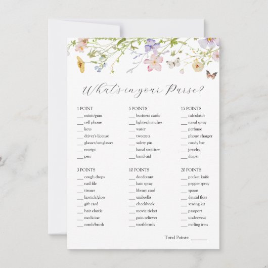 Wildflower Wat zit er in je tas bruids spel Kaart (Voorkant)